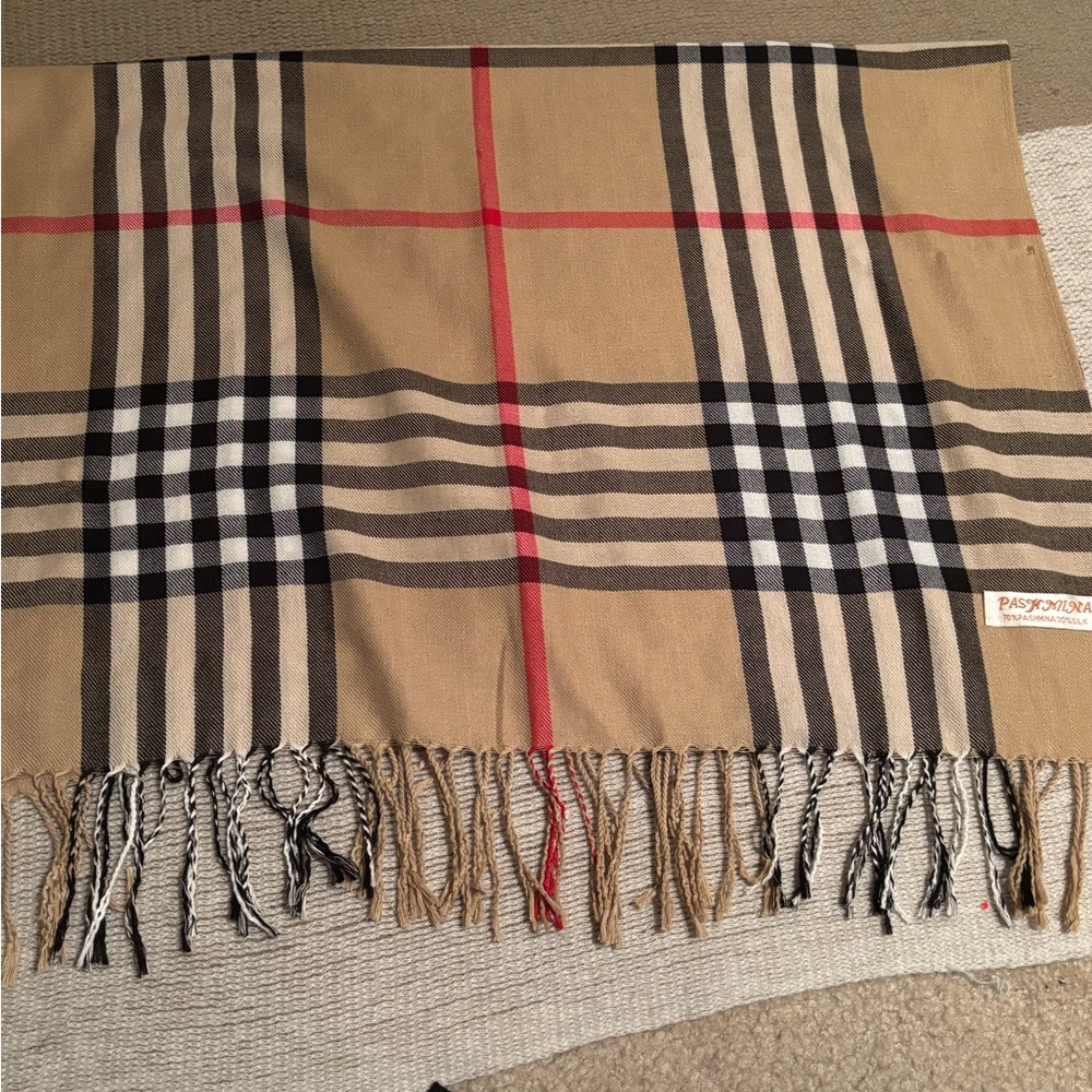 pashmina Plaid Fringe Scarf in Tan, Black, Red & Cream